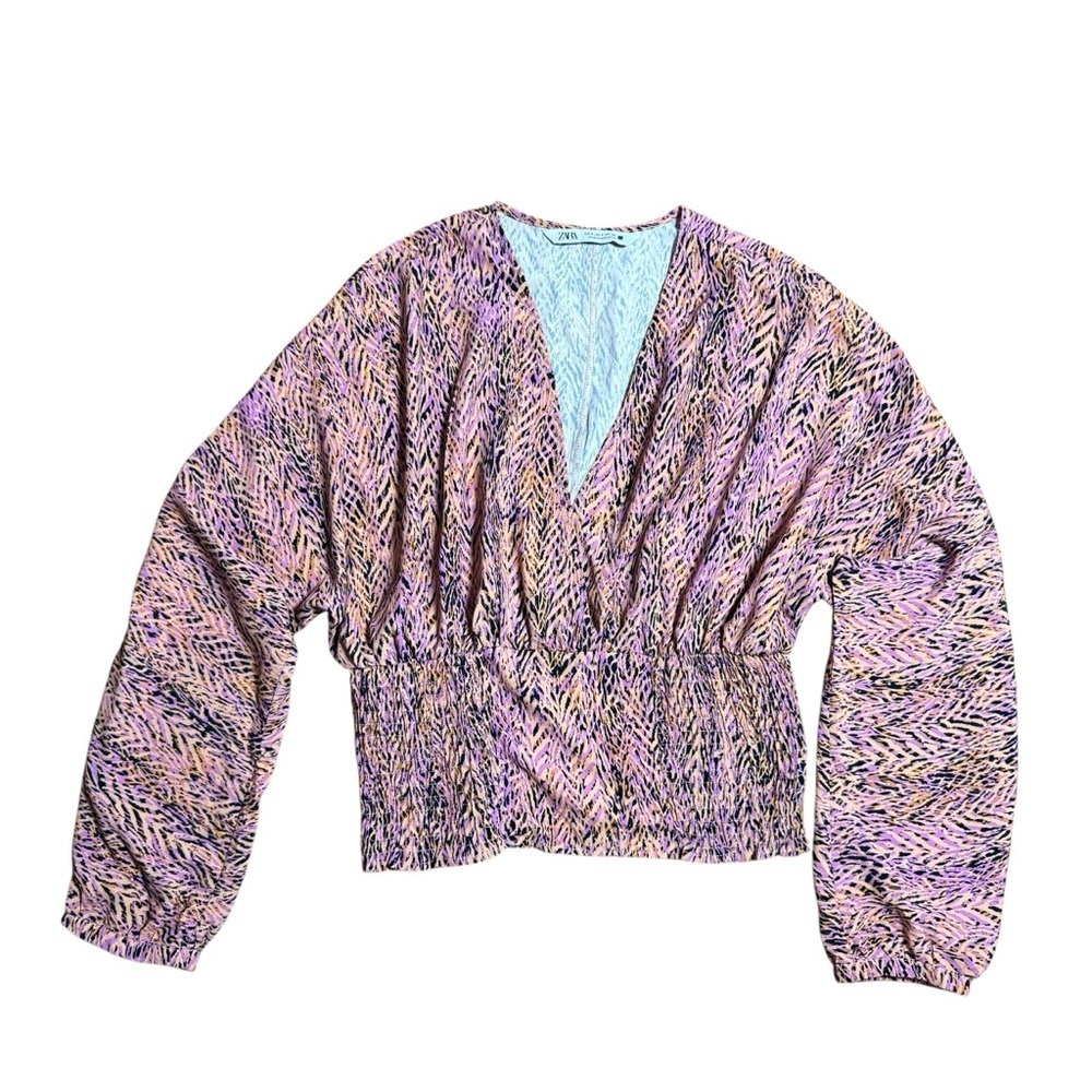 ZARA Women’s Pink Print Faux Wrap Cropped Peplum Long Sleeve Blouse-Size S
